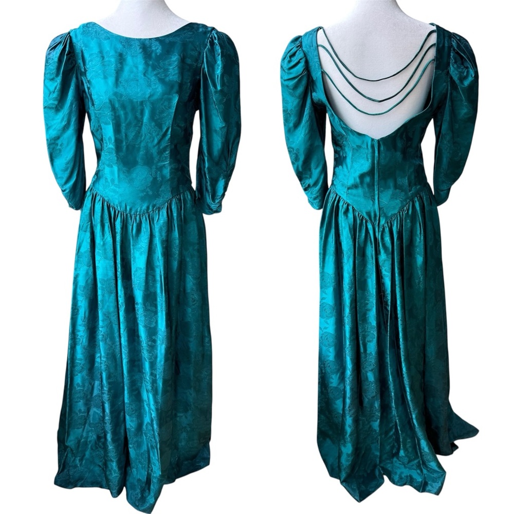 Vintage Emerald Green Floral Satin Basque Waist Floor Length Gown Dress Sz 11/12